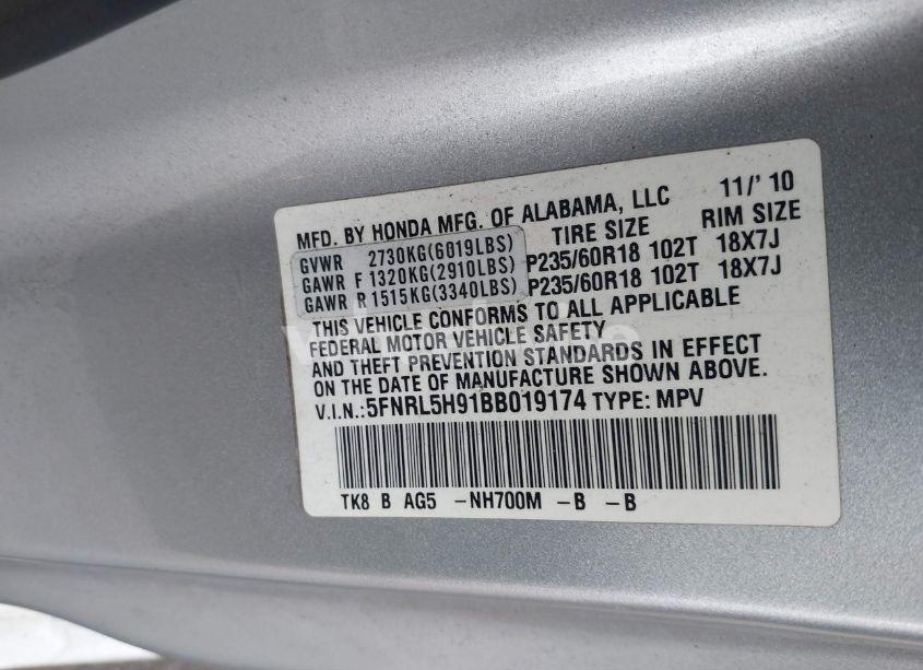 Photo 9 of 2011 Honda Odyssey TOURING/TOURING ELITE (VIN 5FNRL5H91BB019174)