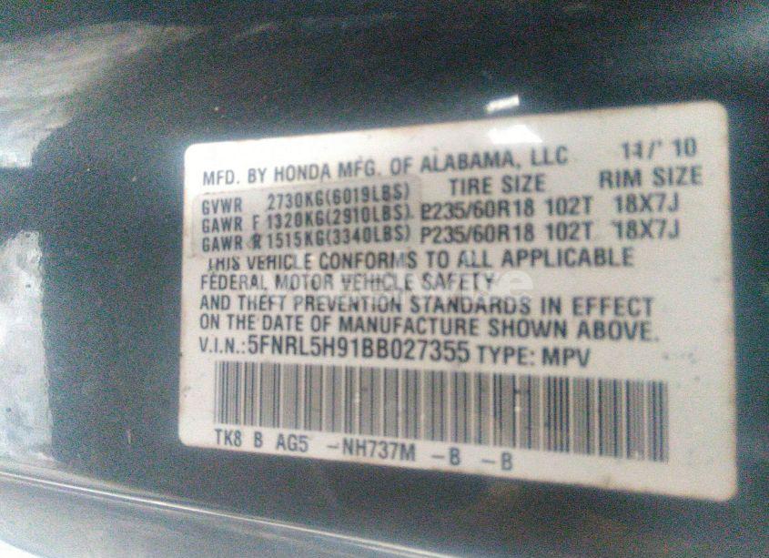 Photo 9 of 2011 Honda Odyssey TOURING/TOURING ELITE (VIN 5FNRL5H91BB027355)