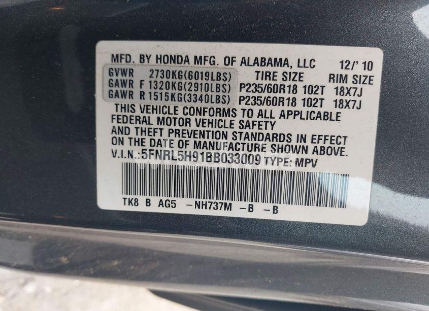 Photo 9 of 2011 Honda Odyssey TOURING/TOURING ELITE (VIN 5FNRL5H91BB033009)