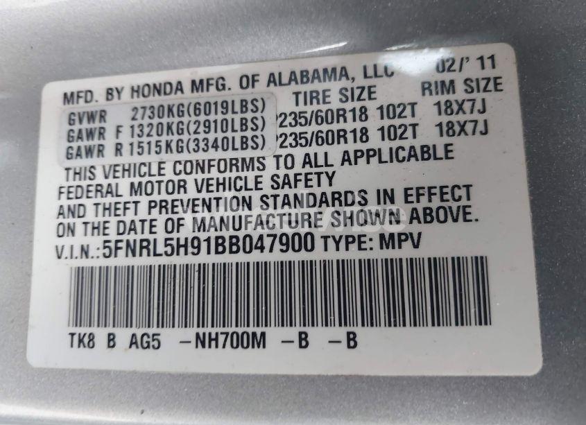 Photo 9 of 2011 Honda Odyssey TOURING/TOURING ELITE (VIN 5FNRL5H91BB047900)