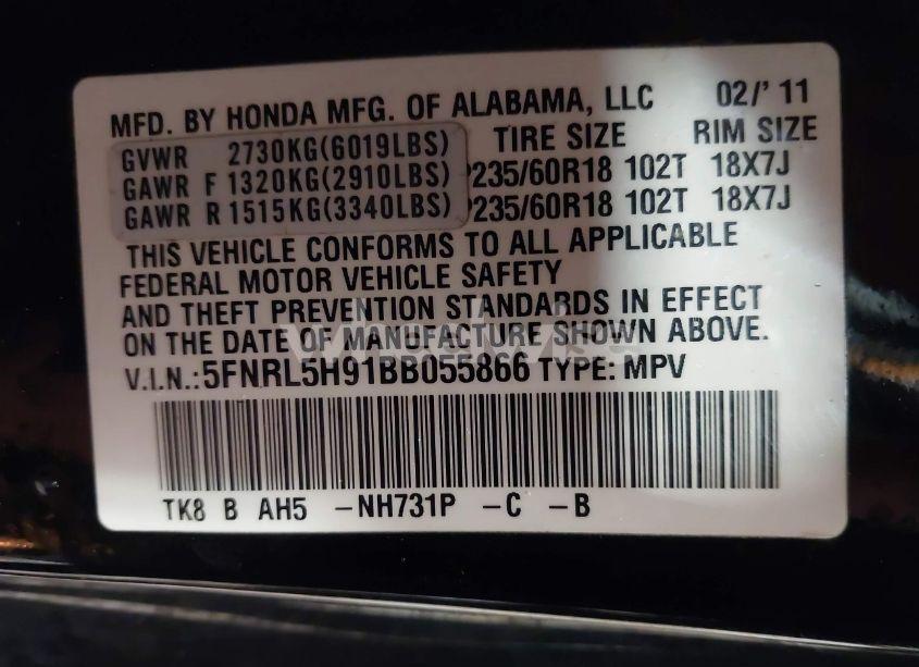 Photo 9 of 2011 Honda Odyssey TOURING/TOURING ELITE (VIN 5FNRL5H91BB055866)