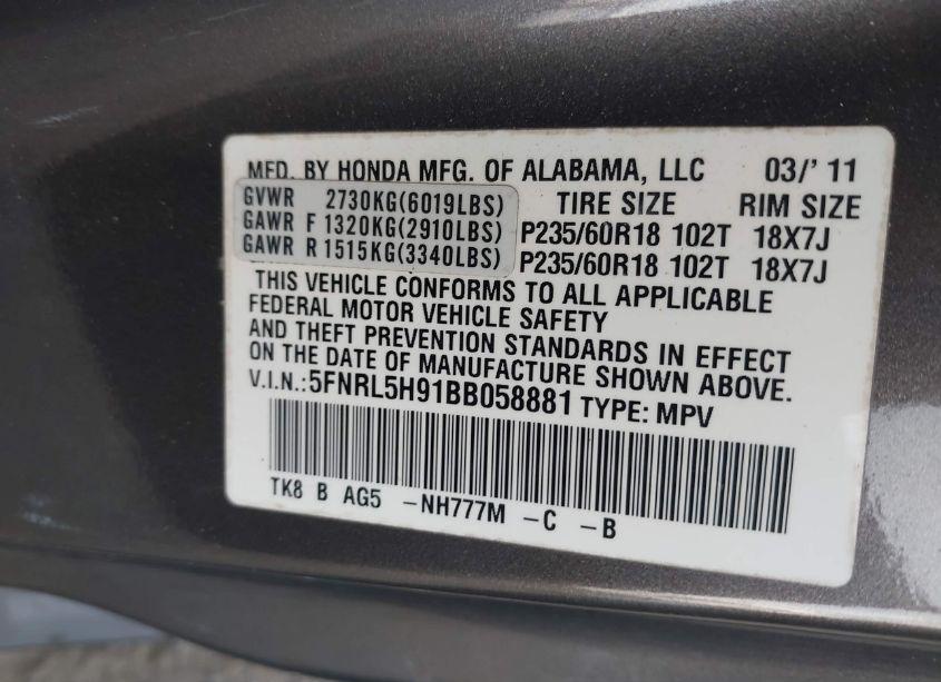 Photo 9 of 2011 Honda Odyssey TOURING/TOURING ELITE (VIN 5FNRL5H91BB058881)