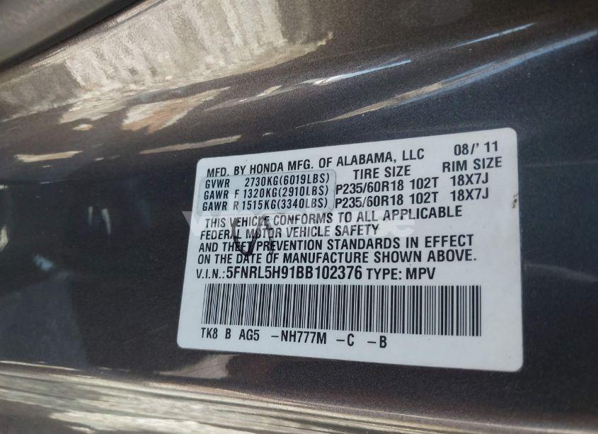 Photo 9 of 2011 Honda Odyssey TOURING/TOURING ELITE (VIN 5FNRL5H91BB102376)