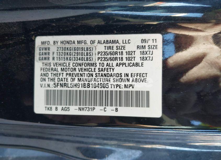 Photo 9 of 2011 Honda Odyssey TOURING/TOURING ELITE (VIN 5FNRL5H91BB104905)