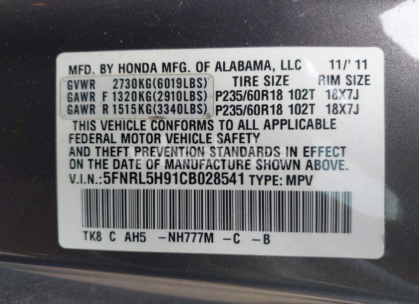 Photo 9 of 2012 Honda Odyssey TOURING/TOURING ELITE (VIN 5FNRL5H91CB028541)