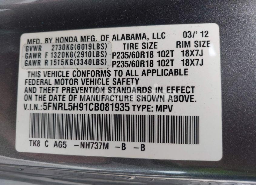 Photo 9 of 2012 Honda Odyssey TOURING/TOURING ELITE (VIN 5FNRL5H91CB081935)