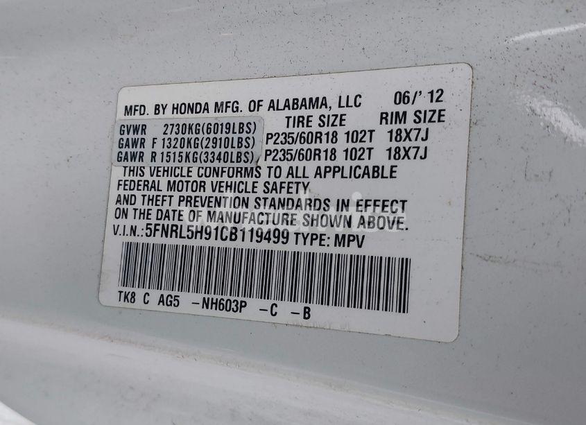 Photo 9 of 2012 Honda Odyssey TOURING/TOURING ELITE (VIN 5FNRL5H91CB119499)