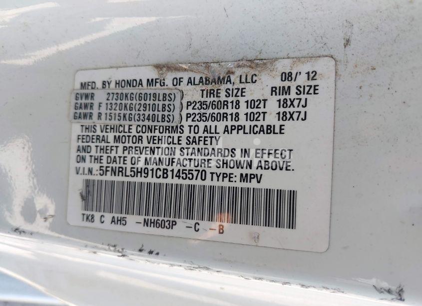 Photo 9 of 2012 Honda Odyssey TOURING/TOURING ELITE (VIN 5FNRL5H91CB145570)