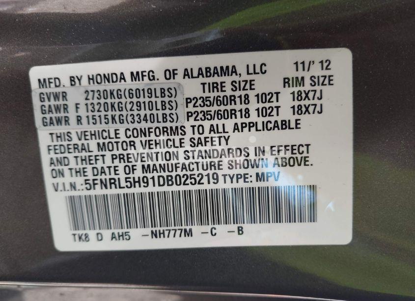 Photo 9 of 2013 Honda Odyssey TOURING/TOURING ELITE (VIN 5FNRL5H91DB025219)