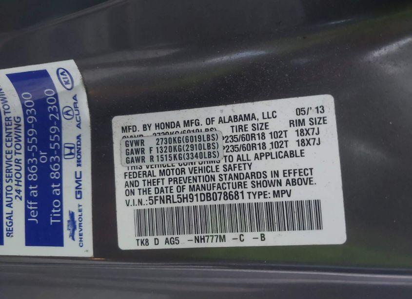 Photo 9 of 2013 Honda Odyssey TOURING/TOURING ELITE (VIN 5FNRL5H91DB078681)