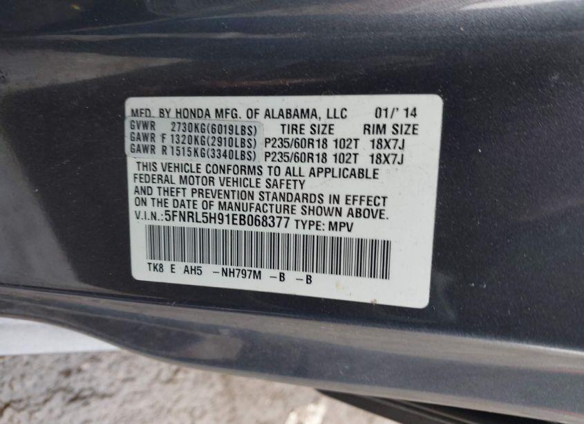 Photo 9 of 2014 Honda Odyssey TOURING/TOURING ELITE (VIN 5FNRL5H91EB068377)
