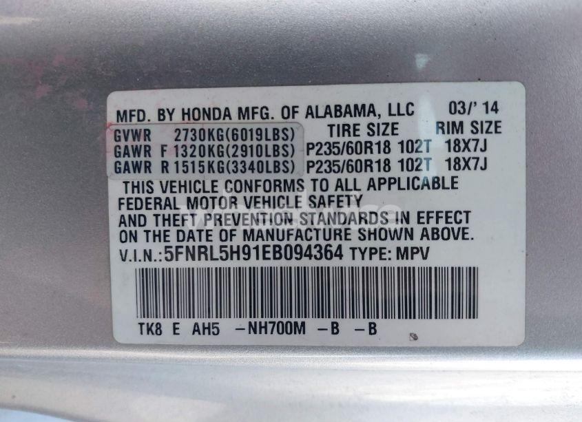 Photo 9 of 2014 Honda Odyssey TOURING/TOURING ELITE (VIN 5FNRL5H91EB094364)