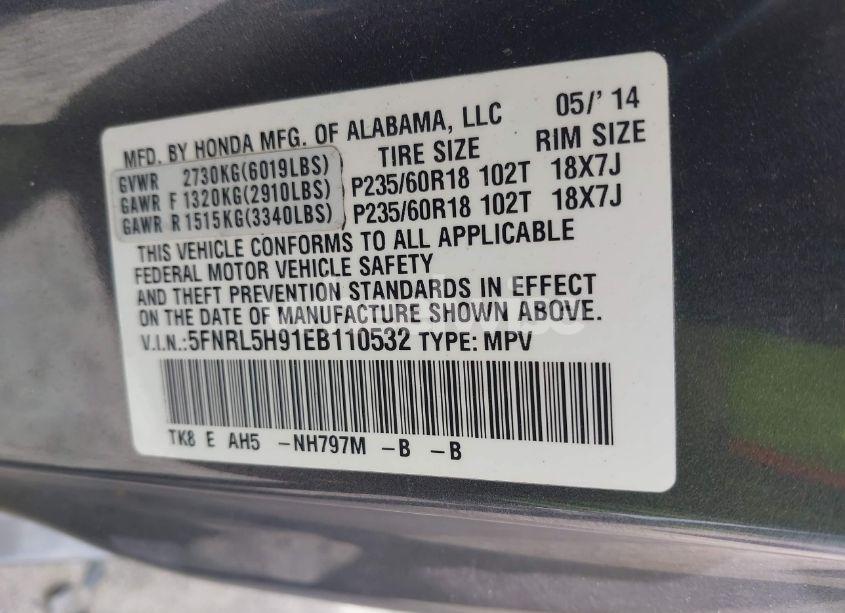 Photo 9 of 2014 Honda Odyssey TOURING/TOURING ELITE (VIN 5FNRL5H91EB110532)