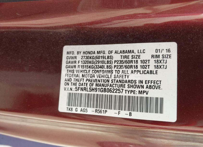 Photo 9 of 2016 Honda Odyssey TOURING/TOURING ELITE (VIN 5FNRL5H91GB062257)