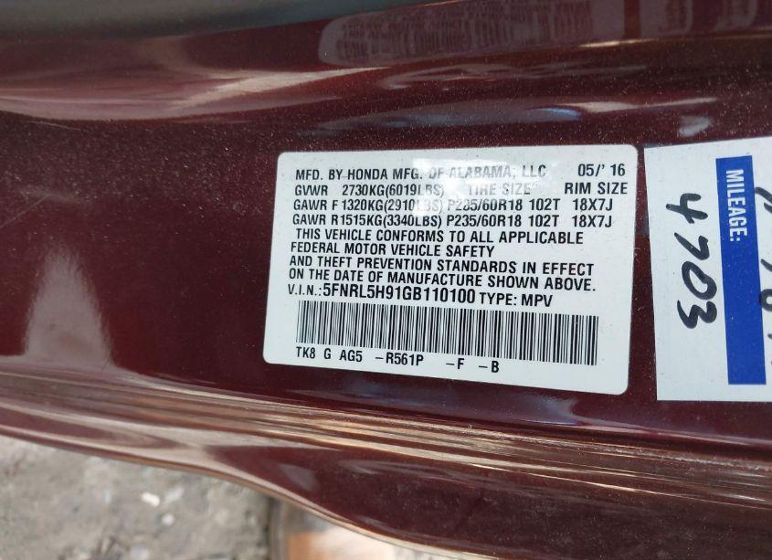 Photo 9 of 2016 Honda Odyssey TOURING/TOURING ELITE (VIN 5FNRL5H91GB110100)