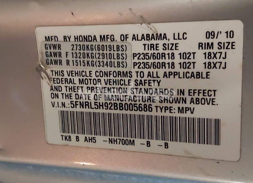 Photo 9 of 2011 Honda Odyssey TOURING/TOURING ELITE (VIN 5FNRL5H92BB005686)