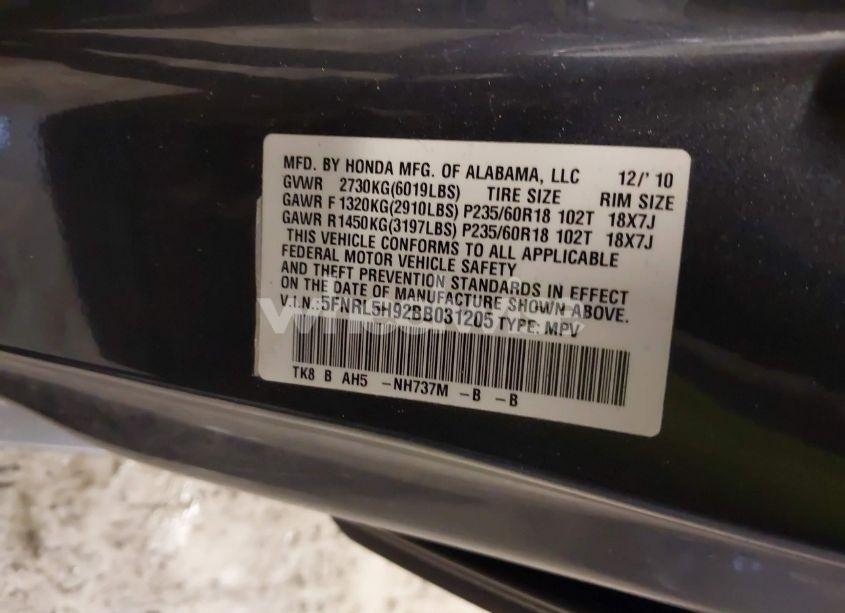 Photo 9 of 2011 Honda Odyssey TOURING/TOURING ELITE (VIN 5FNRL5H92BB031205)