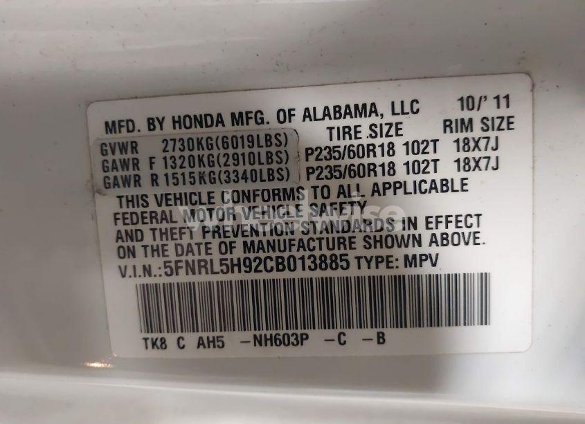 Photo 9 of 2012 Honda Odyssey TOURING/TOURING ELITE (VIN 5FNRL5H92CB013885)