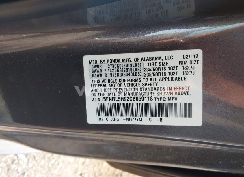 Photo 9 of 2012 Honda Odyssey TOURING/TOURING ELITE (VIN 5FNRL5H92CB059118)