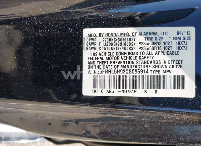 Photo 9 of 2012 Honda Odyssey TOURING/TOURING ELITE (VIN 5FNRL5H92CB096914)