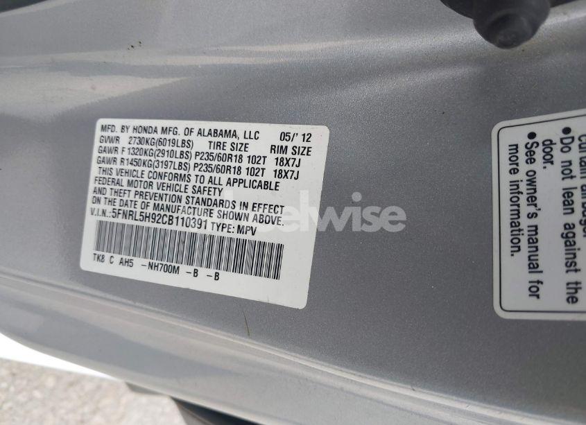 Photo 9 of 2012 Honda Odyssey TOURING/TOURING ELITE (VIN 5FNRL5H92CB110391)