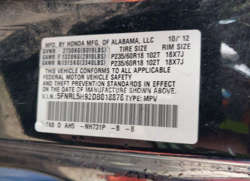 Photo 9 of 2013 Honda Odyssey TOURING/TOURING ELITE (VIN 5FNRL5H92DB018876)