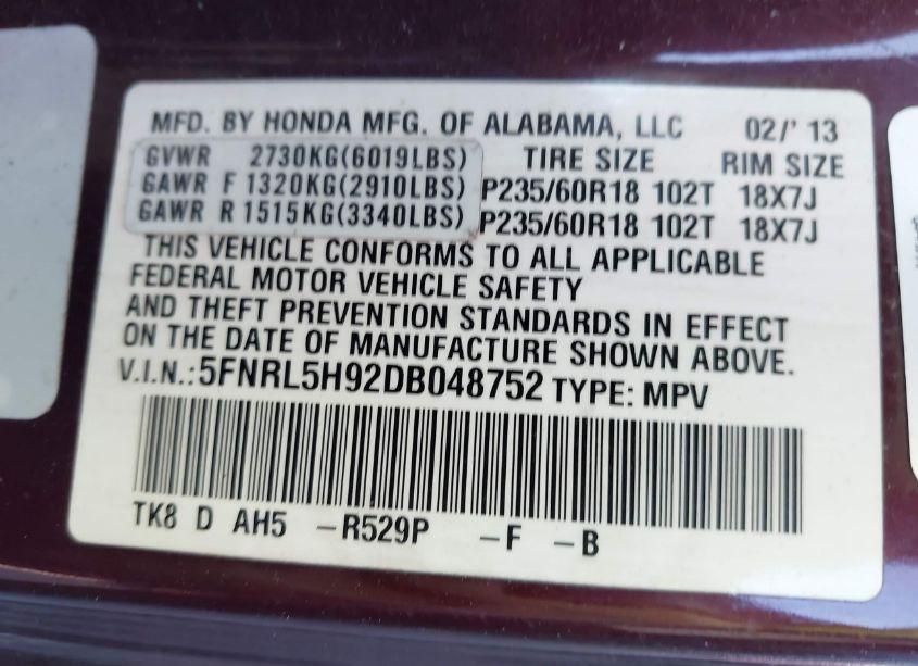 Photo 9 of 2013 Honda Odyssey TOURING/TOURING ELITE (VIN 5FNRL5H92DB048752)