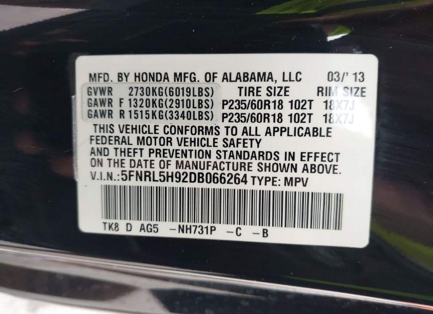 Photo 9 of 2013 Honda Odyssey TOURING/TOURING ELITE (VIN 5FNRL5H92DB066264)