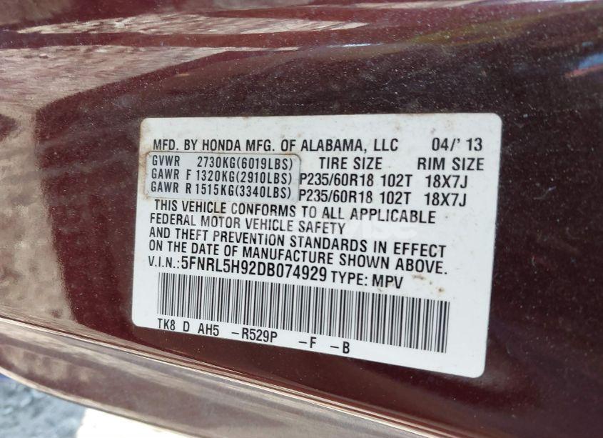 Photo 9 of 2013 Honda Odyssey TOURING/TOURING ELITE (VIN 5FNRL5H92DB074929)