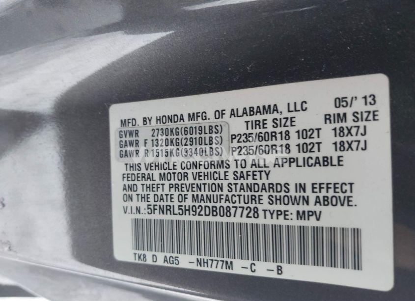 Photo 9 of 2013 Honda Odyssey TOURING/TOURING ELITE (VIN 5FNRL5H92DB087728)