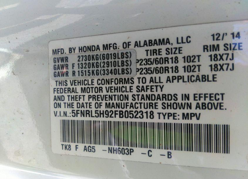 Photo 9 of 2015 Honda Odyssey TOURING/TOURING ELITE (VIN 5FNRL5H92FB052318)