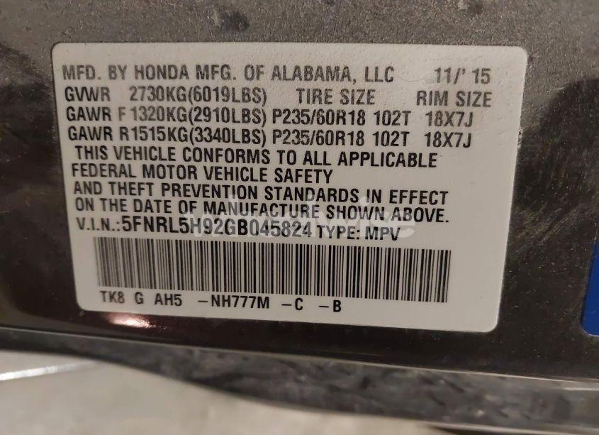 Photo 9 of 2016 Honda Odyssey TOURING/TOURING ELITE (VIN 5FNRL5H92GB045824)