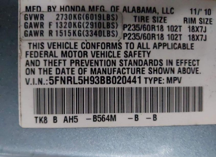 Photo 9 of 2011 Honda Odyssey TOURING/TOURING ELITE (VIN 5FNRL5H93BB020441)