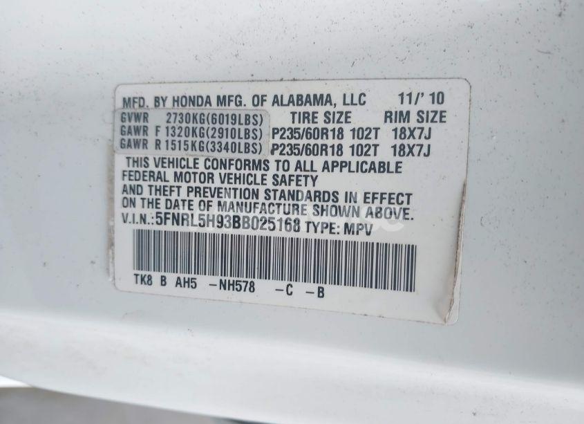 Photo 9 of 2011 Honda Odyssey TOURING/TOURING ELITE (VIN 5FNRL5H93BB025168)