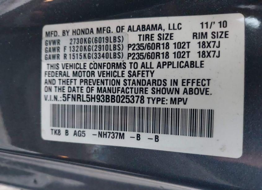 Photo 9 of 2011 Honda Odyssey TOURING/TOURING ELITE (VIN 5FNRL5H93BB025378)