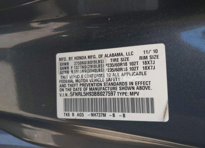 Photo 9 of 2011 Honda Odyssey TOURING/TOURING ELITE (VIN 5FNRL5H93BB027597)