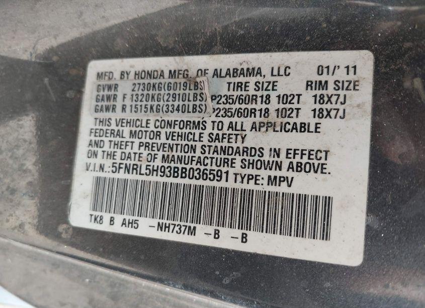 Photo 9 of 2011 Honda Odyssey TOURING/TOURING ELITE (VIN 5FNRL5H93BB036591)