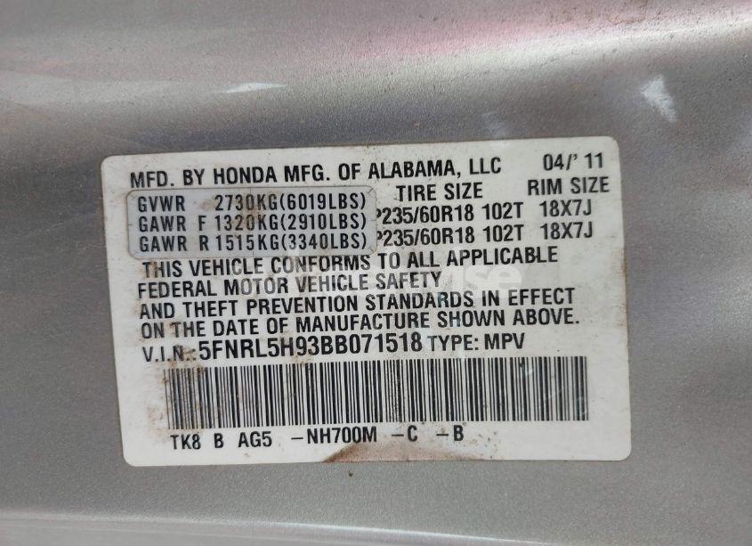 Photo 9 of 2011 Honda Odyssey TOURING/TOURING ELITE (VIN 5FNRL5H93BB071518)