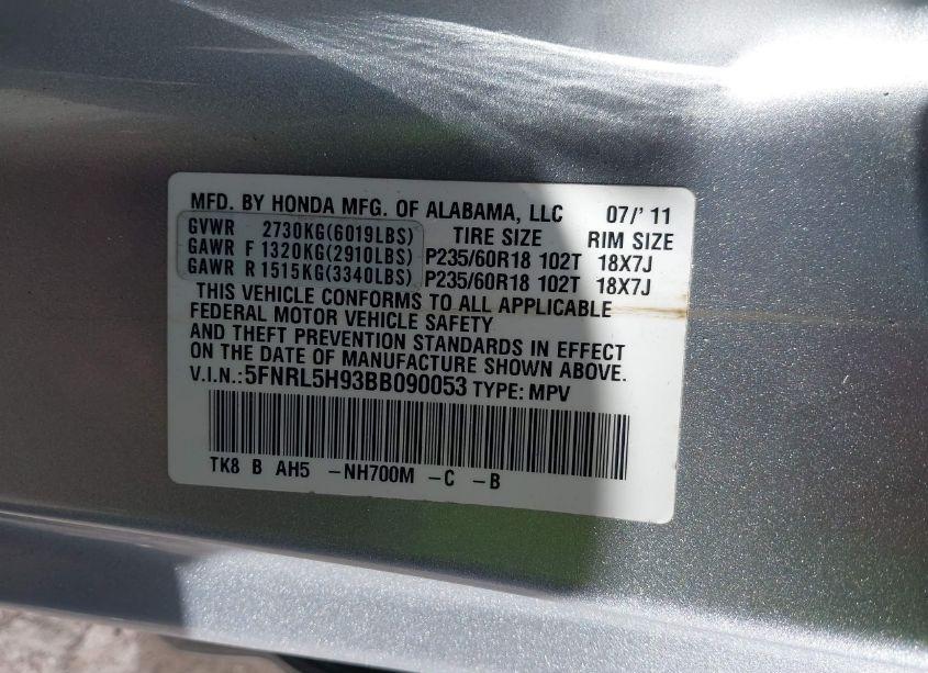 Photo 9 of 2011 Honda Odyssey TOURING/TOURING ELITE (VIN 5FNRL5H93BB090053)