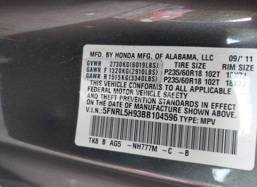 Photo 9 of 2011 Honda Odyssey TOURING/TOURING ELITE (VIN 5FNRL5H93BB104596)