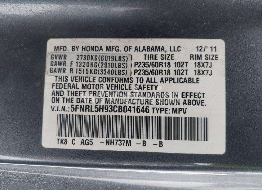 Photo 9 of 2012 Honda Odyssey TOURING/TOURING ELITE (VIN 5FNRL5H93CB041646)