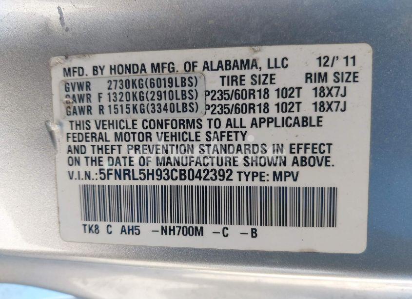 Photo 9 of 2012 Honda Odyssey TOURING/TOURING ELITE (VIN 5FNRL5H93CB042392)