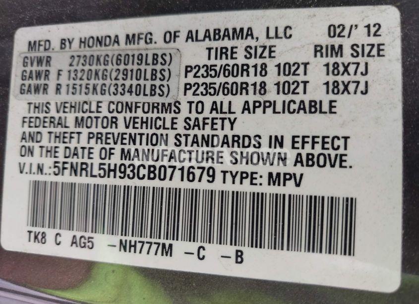 Photo 9 of 2012 Honda Odyssey TOURING/TOURING ELITE (VIN 5FNRL5H93CB071679)