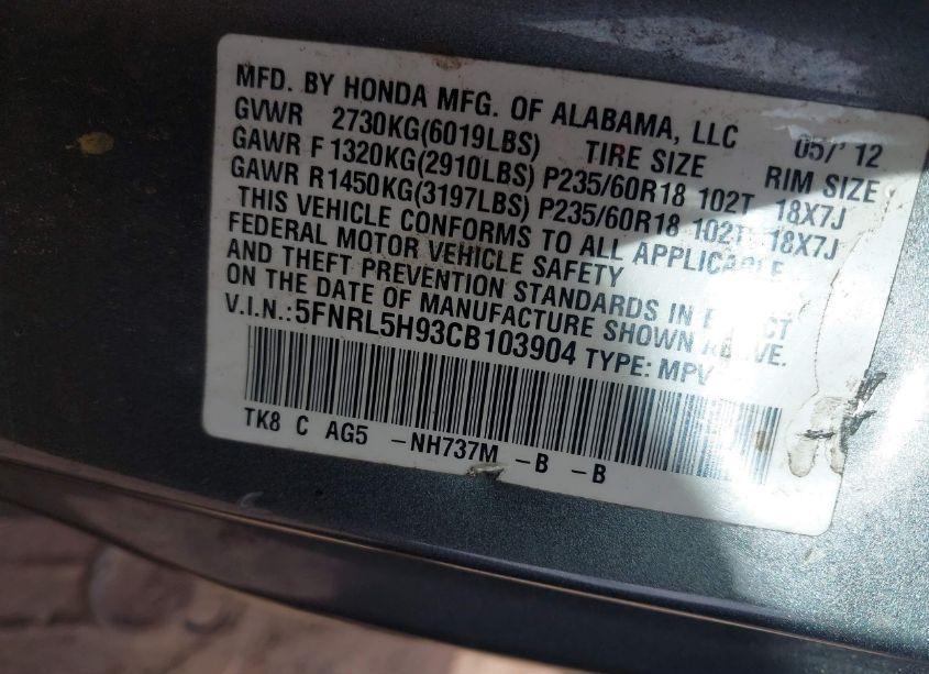 Photo 9 of 2012 Honda Odyssey TOURING/TOURING ELITE (VIN 5FNRL5H93CB103904)