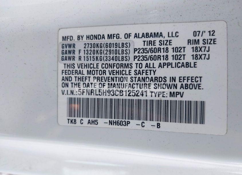 Photo 9 of 2012 Honda Odyssey TOURING/TOURING ELITE (VIN 5FNRL5H93CB125241)