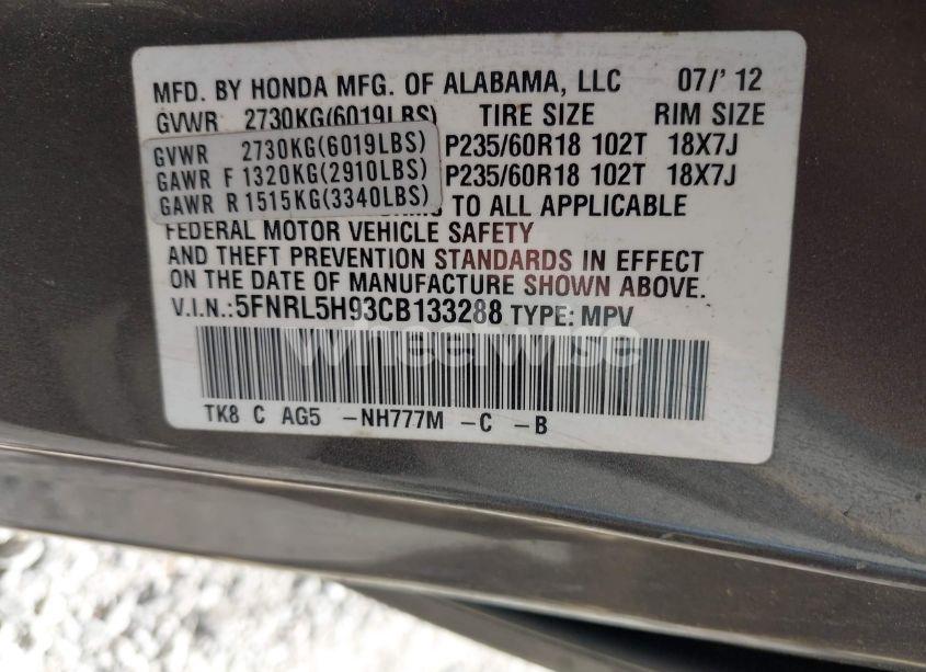 Photo 9 of 2012 Honda Odyssey TOURING/TOURING ELITE (VIN 5FNRL5H93CB133288)