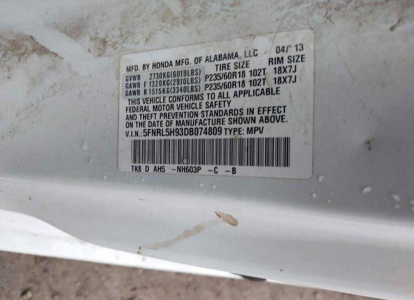 Photo 9 of 2013 Honda Odyssey TOURING/TOURING ELITE (VIN 5FNRL5H93DB074809)