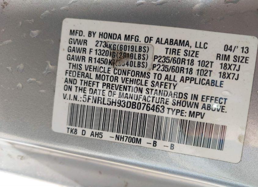 Photo 9 of 2013 Honda Odyssey TOURING/TOURING ELITE (VIN 5FNRL5H93DB076463)