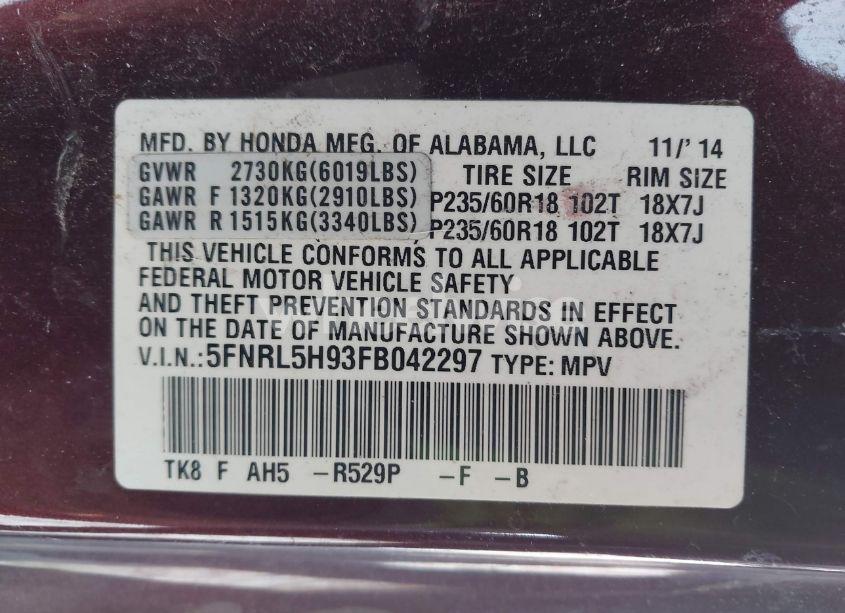 Photo 9 of 2015 Honda Odyssey TOURING/TOURING ELITE (VIN 5FNRL5H93FB042297)