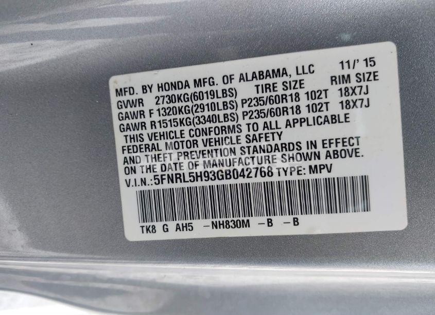 Photo 9 of 2016 Honda Odyssey TOURING/TOURING ELITE (VIN 5FNRL5H93GB042768)